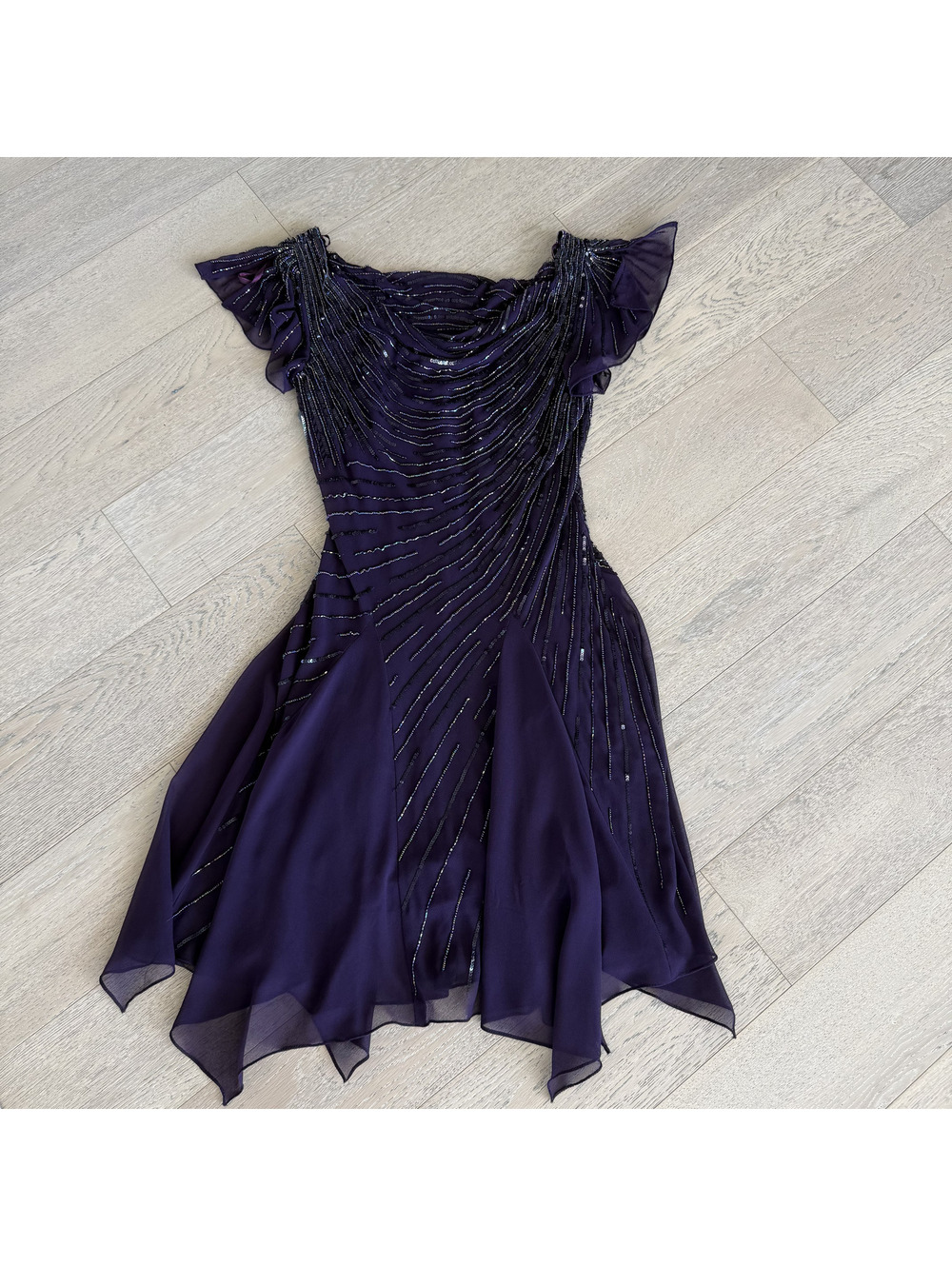 Vintage JKARA Purple Beaded Fairy Dress Flutter Sleeve Size 8P
